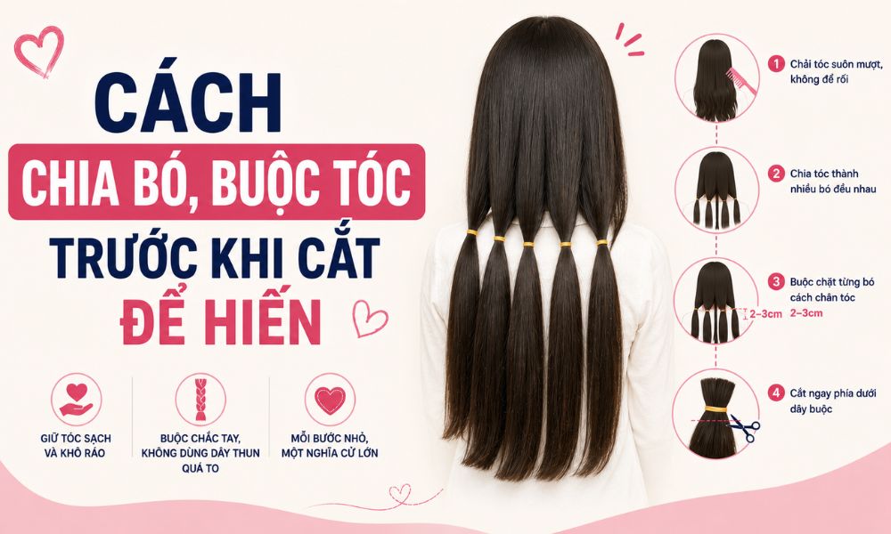 Cách chia bó, buộc tóc trước khi cắt để hiến