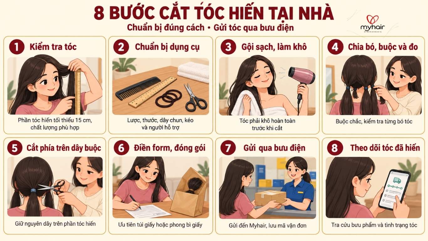 Hướng dẫn hiến tóc Myhair – Hướng dẫn cắt tóc tại nhà và gửi tóc hiến qua bưu điện